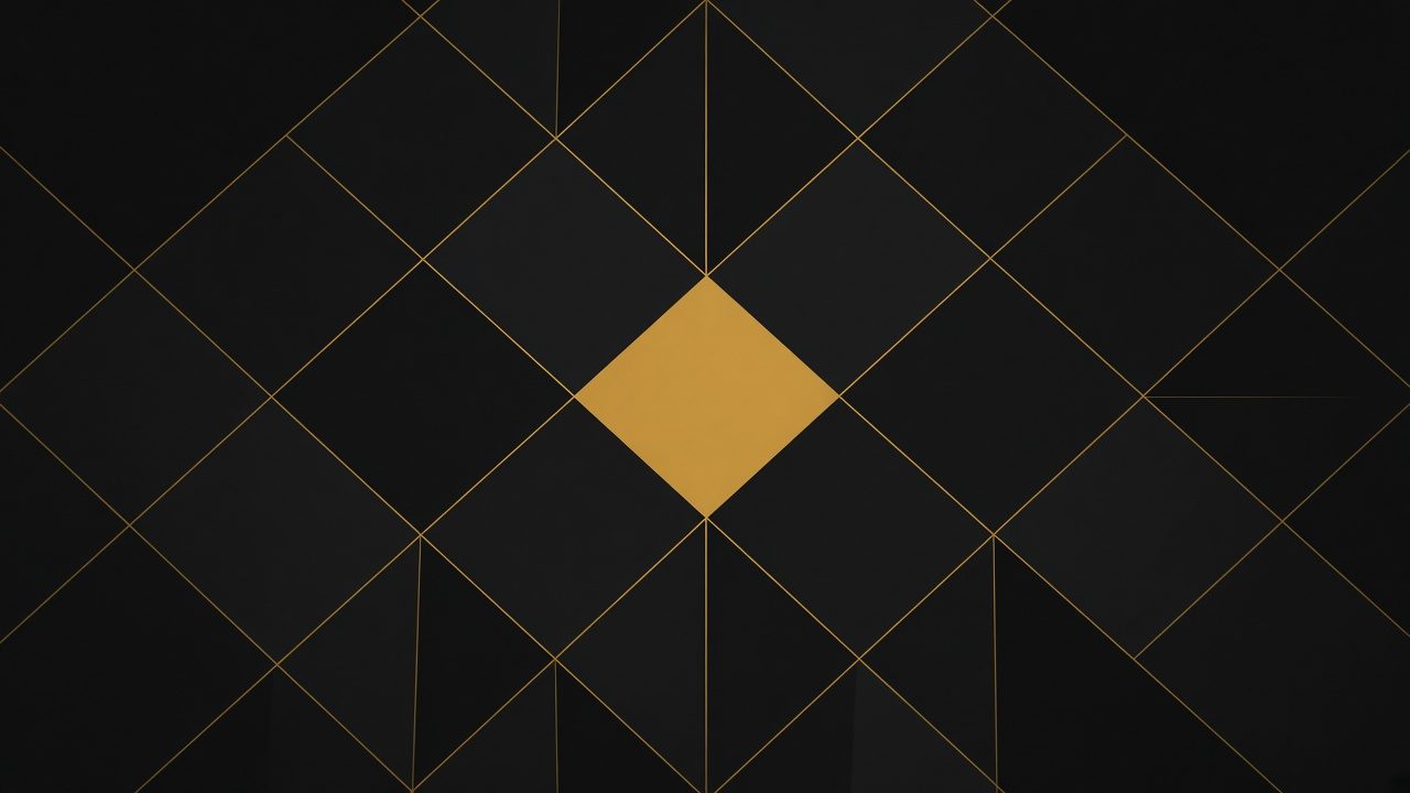 A drawn diamond grid in thin gold lines on near black graphite, with the one diamond at the centre filled solid gold
