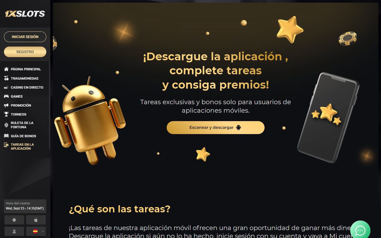 Tareas en la app de 1xSlots: giros gratis por instalarla