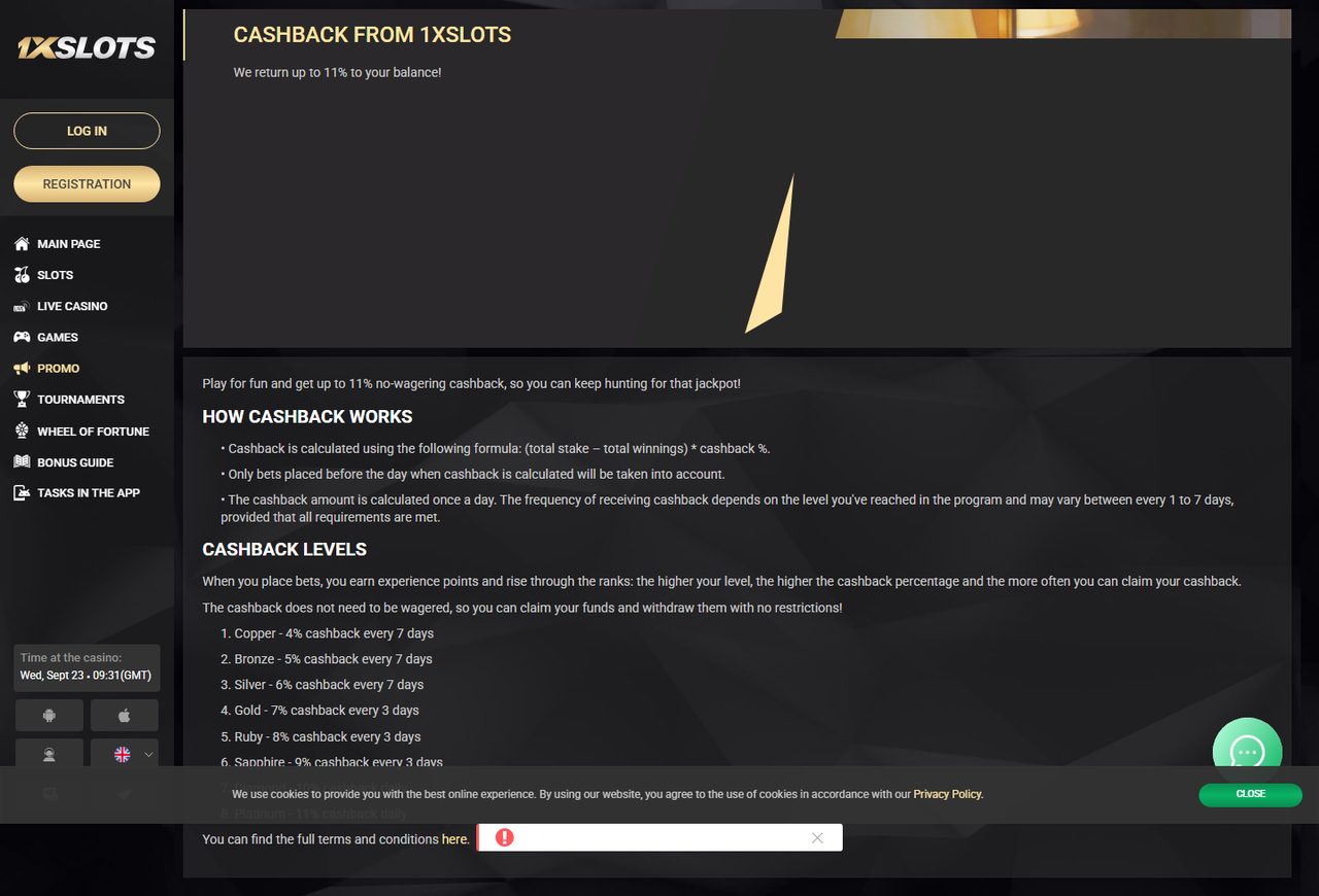 1xSlots cashback rules: levels and percentages