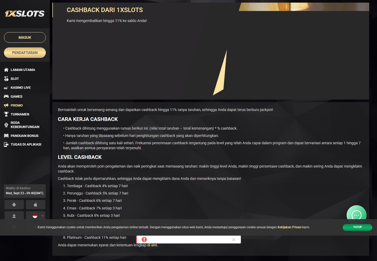 Aturan cashback 1xSlots: level dan persentase