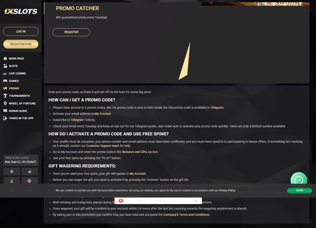 1xSlots promo catcher offer