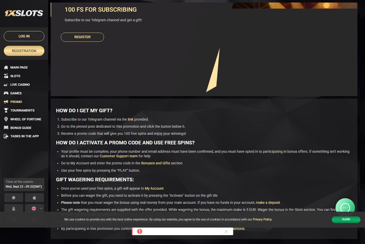 1xSlots promo: free spins for a Telegram subscription