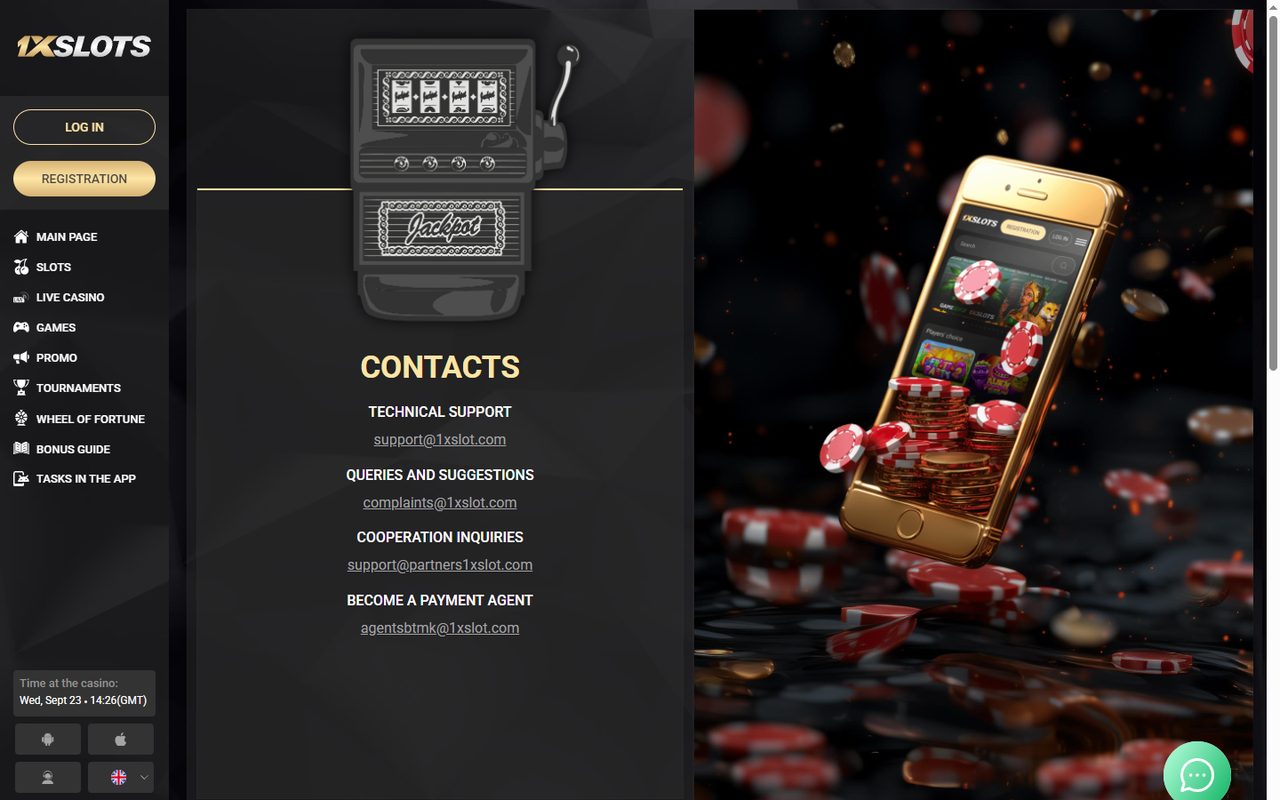 1xSlots contacts: support address