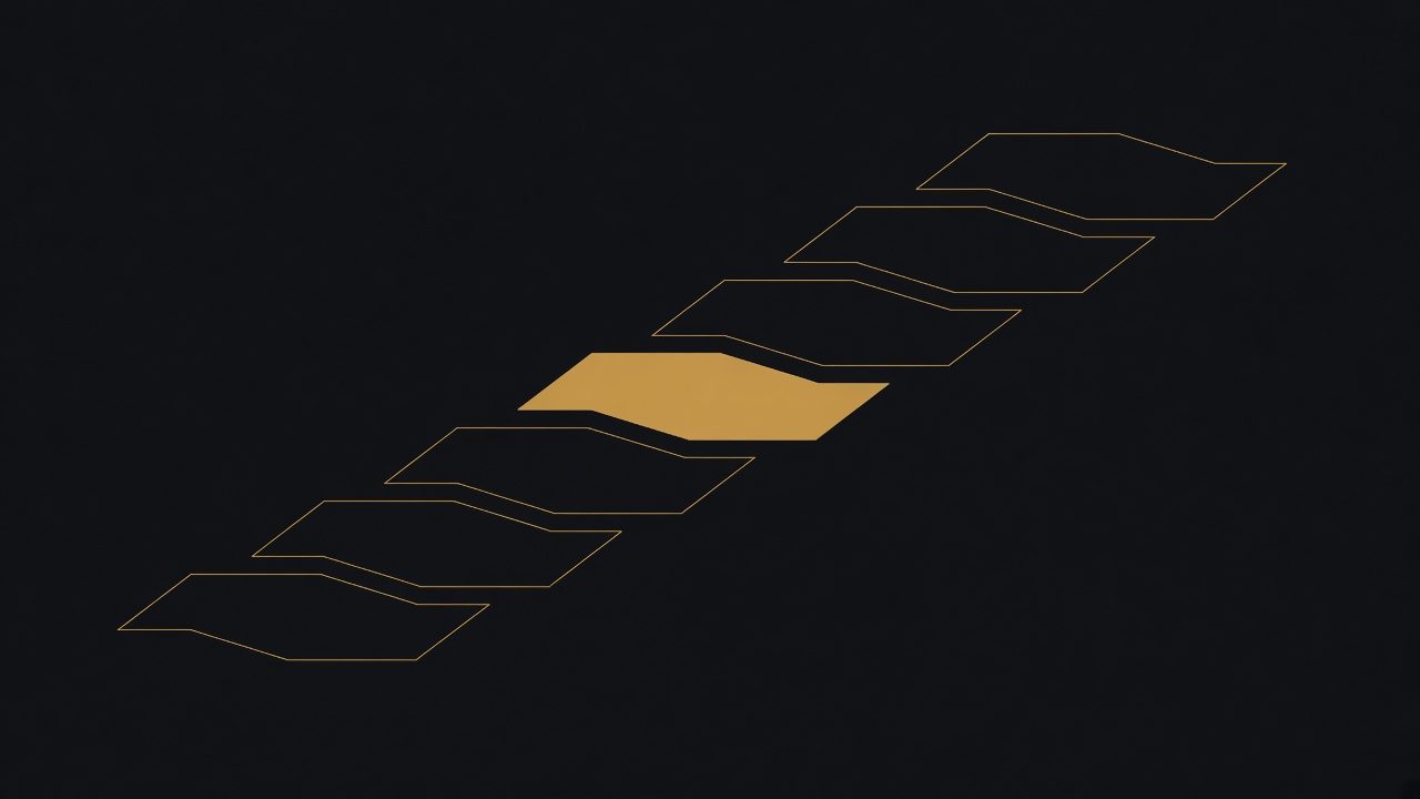 A drawn cascade of seven thin plates stepping down a dark diagonal, each edged with a gold line, with the middle plate pushed forward and filled solid gold