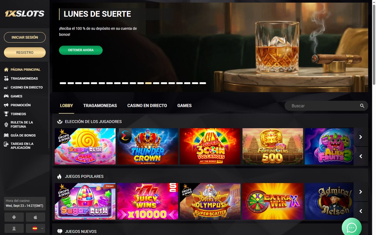Portada de 1xSlots: banner de promoción, pestañas del lobby y buscador