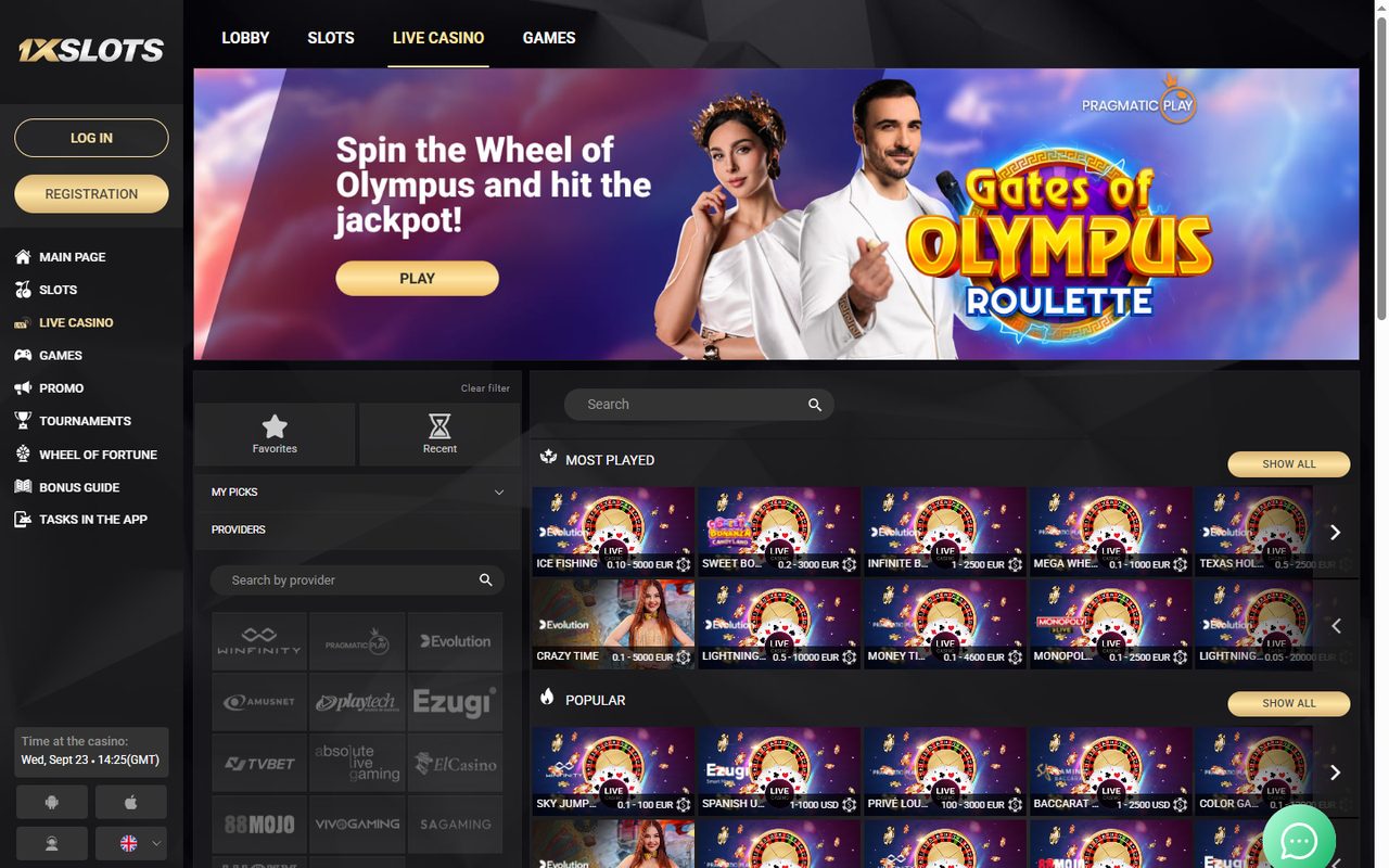 1xSlots live casino: dealer tables and game sections