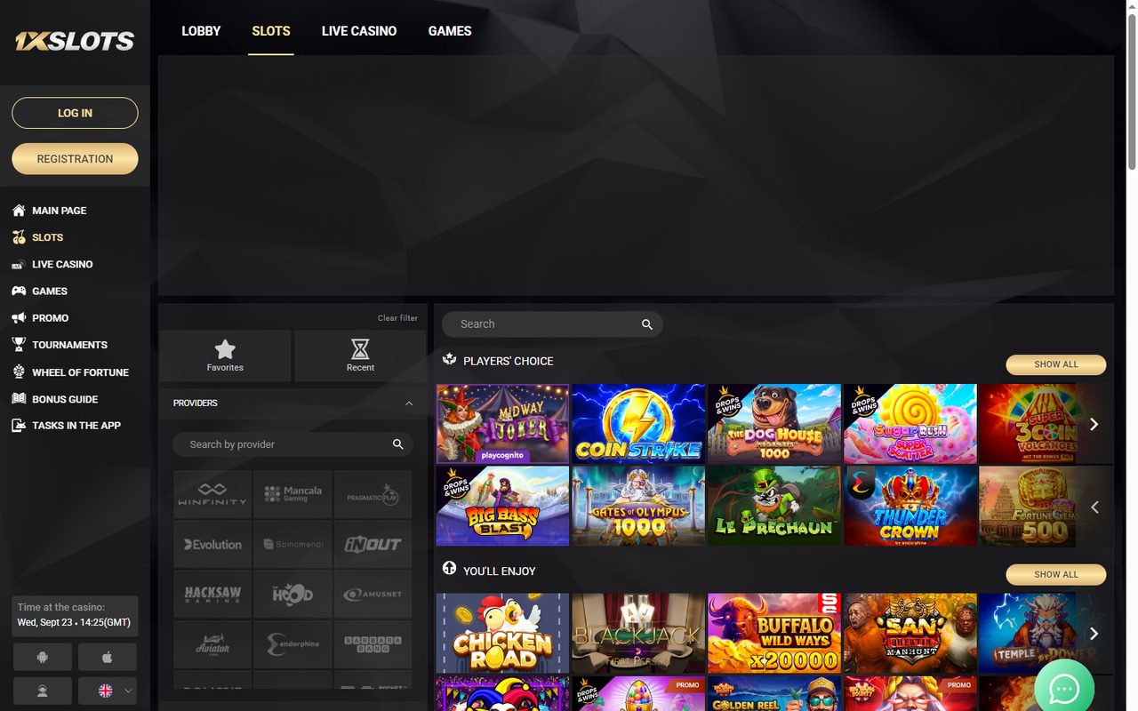 1xSlots slots lobby: game tiles and provider filters