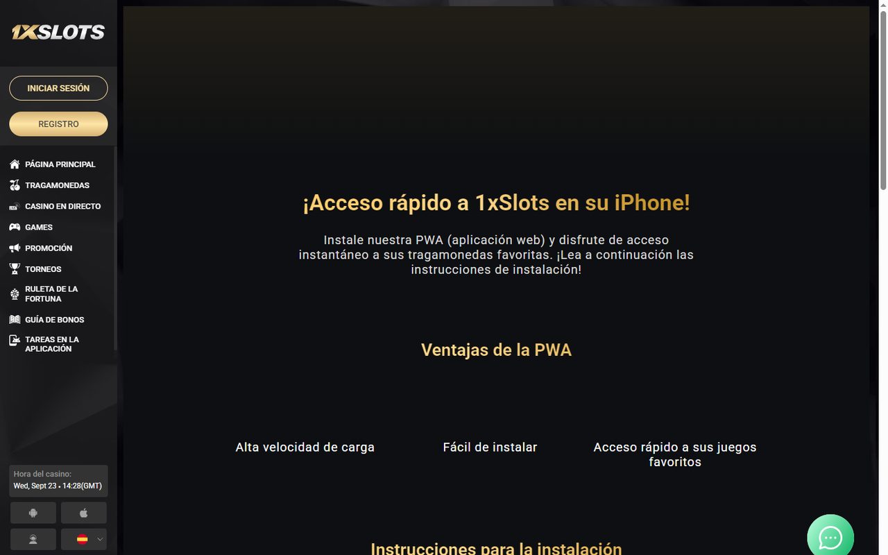 Página de la app de 1xSlots: instalar la PWA en iPhone