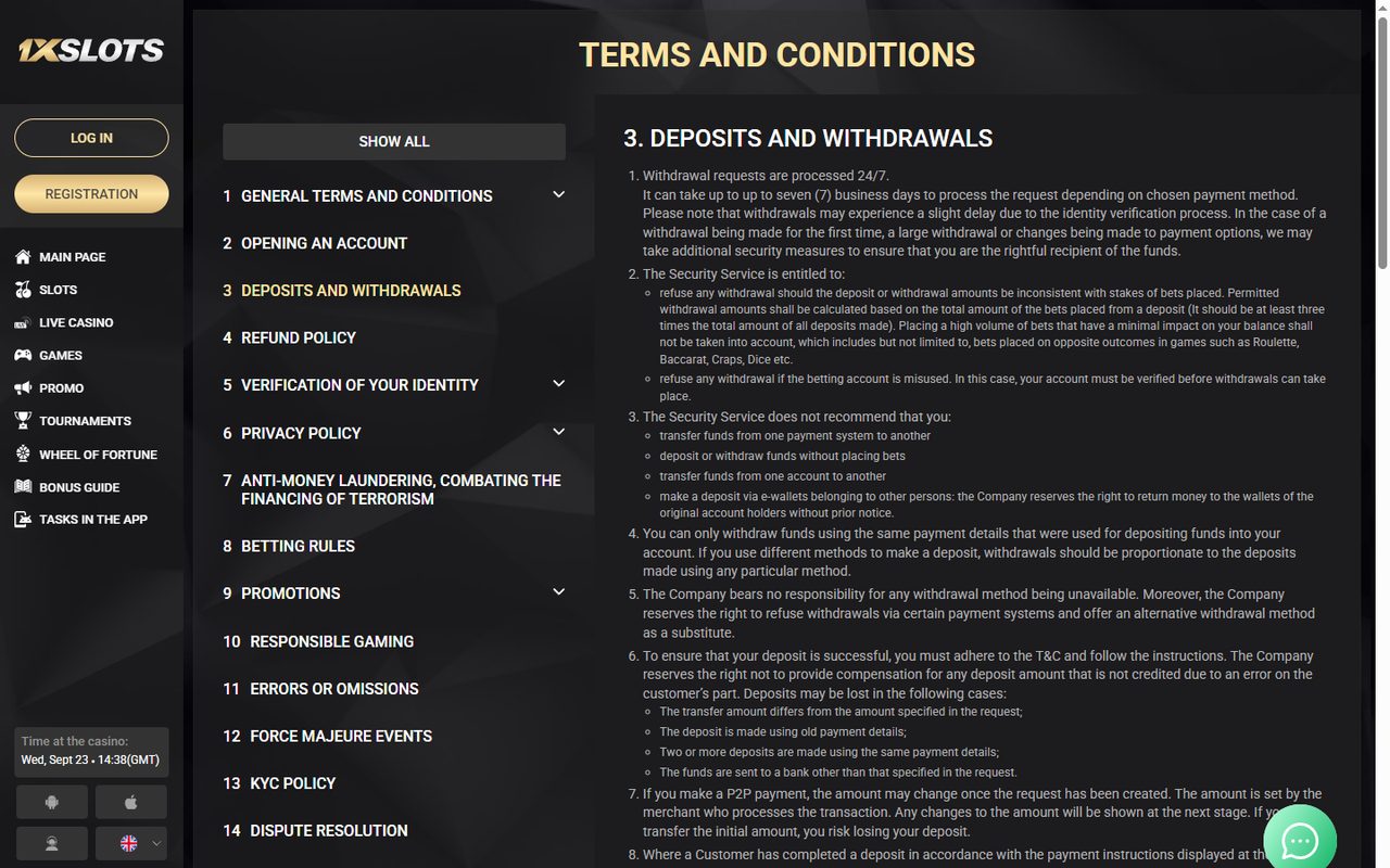 1xSlots terms: the deposits and withdrawals section in the contents