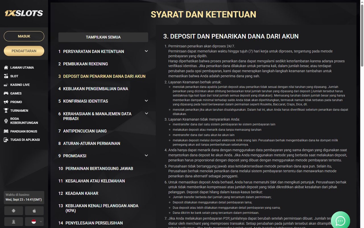 Aturan 1xSlots: bagian deposit dan penarikan di daftar isi