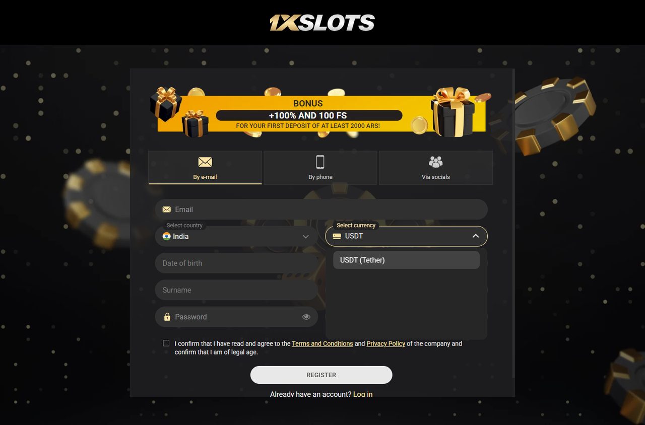 Account currency list at 1xSlots with USDT selected