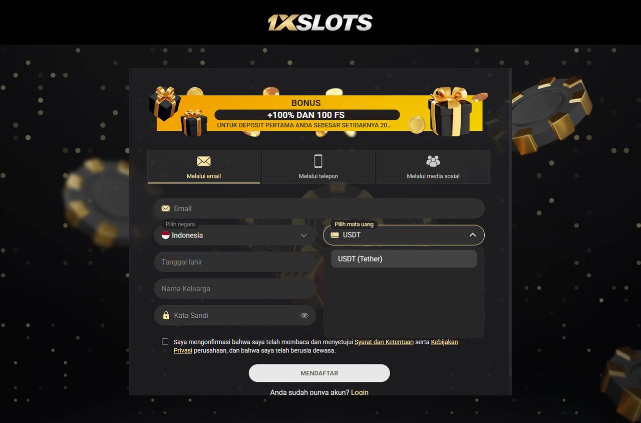 Daftar mata uang akun 1xSlots dengan USDT