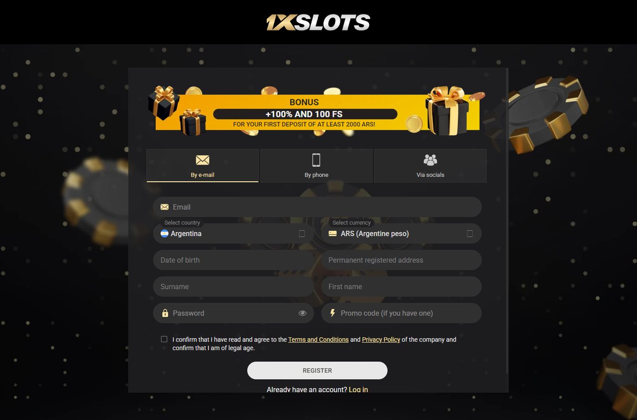 1xSlots registration form: e-mail, phone and social tabs