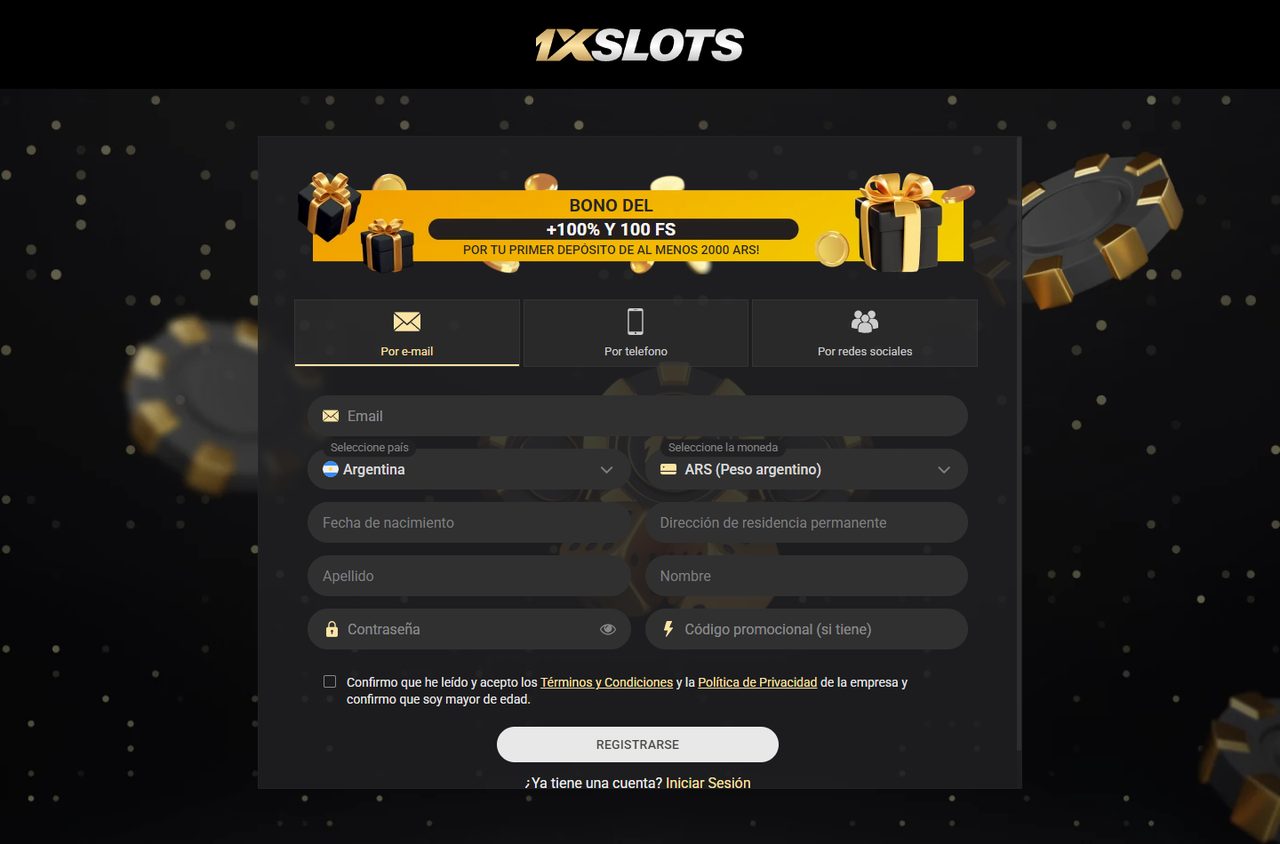 Formulario de registro de 1xSlots: correo, teléfono y redes