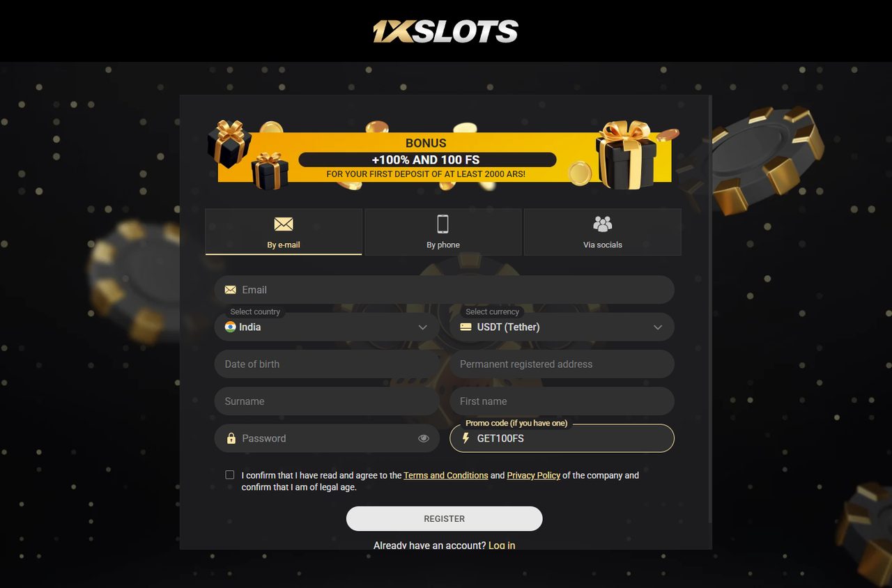 1xSlots registration form: country India, USDT currency and code GET100FS in the field
