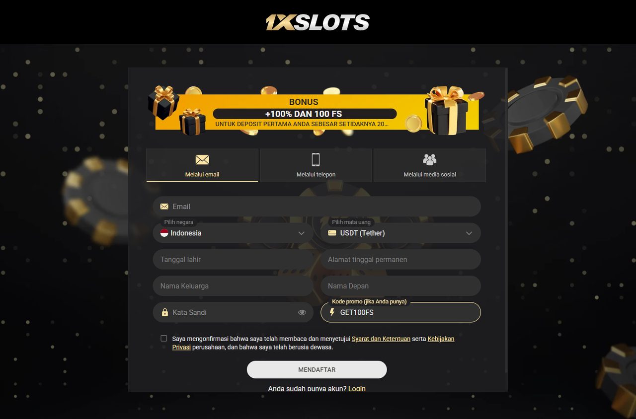 Pendaftaran 1xSlots: negara Indonesia, mata uang USDT, kode GET100FS di kolom
