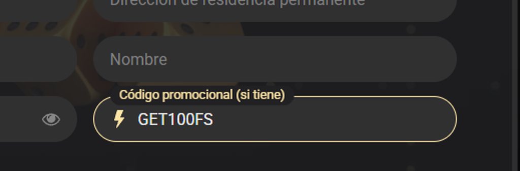 El campo de código promocional en el registro de 1xSlots