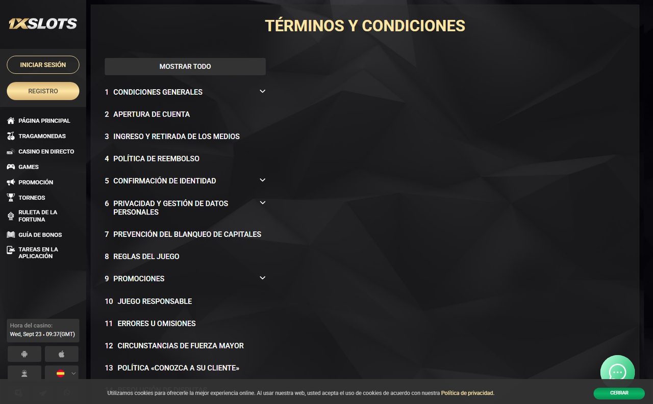 Términos y condiciones de bonos de 1xSlots