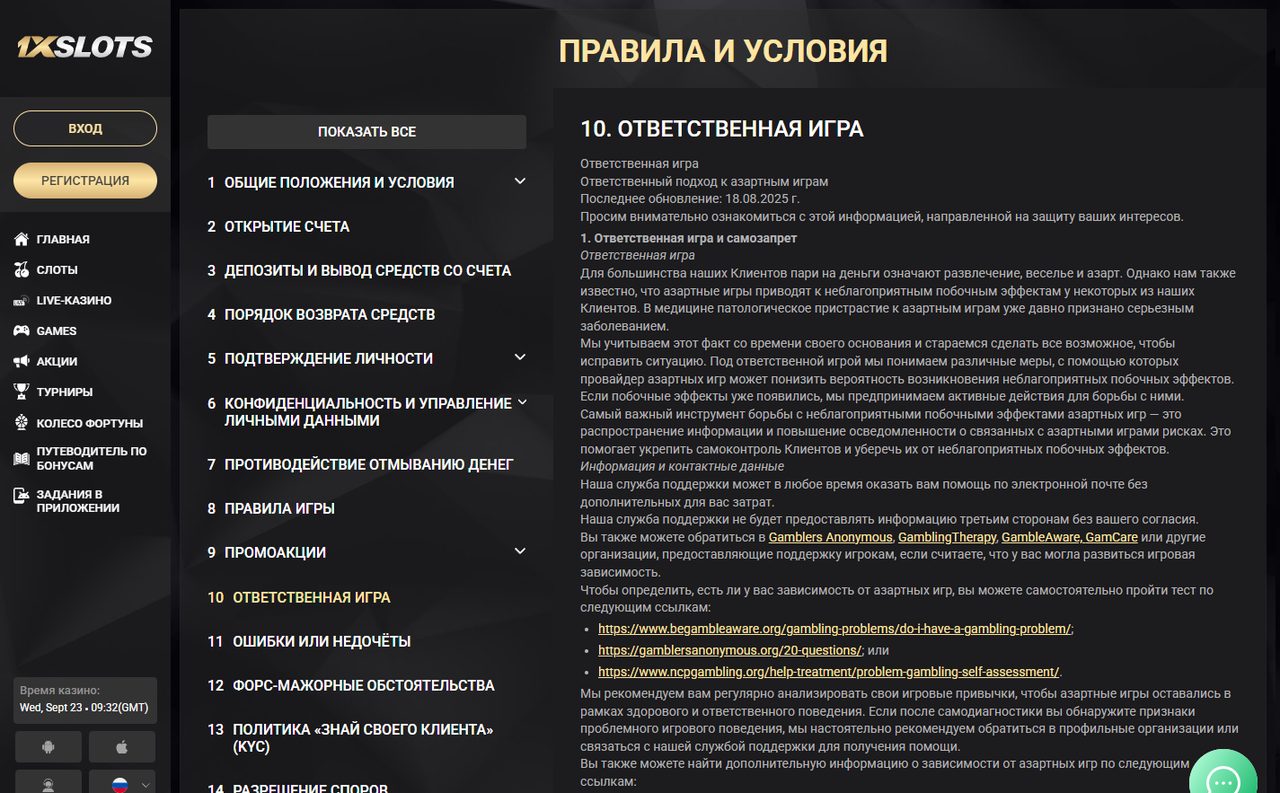 Раздел ответственной игры в правилах 1xSlots